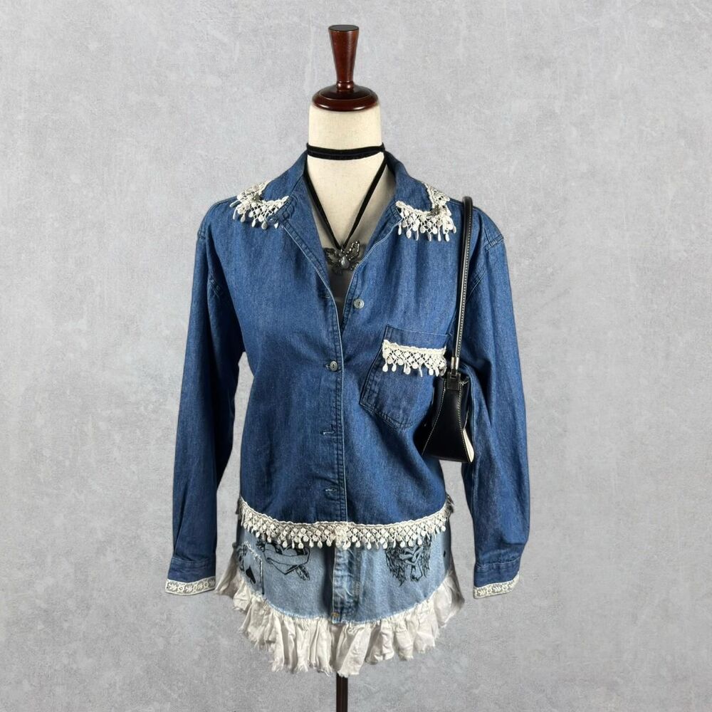 Y2K Faded Glory Blue Chambray Lace Dolly Trim Cherub Collar Long Sleeve